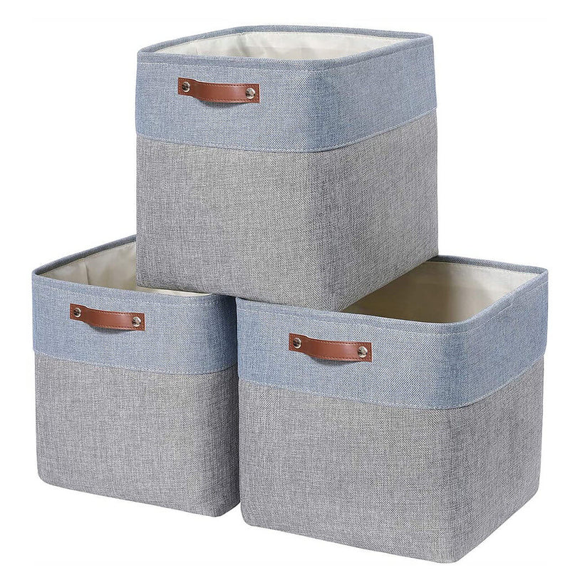 33CM Storage Cube Boxes with Leather Handle for Cupboards Grey & Blue