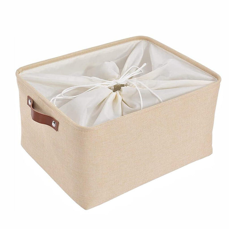 Collapsible Beige Storage Box with Leather Handle - Mangata