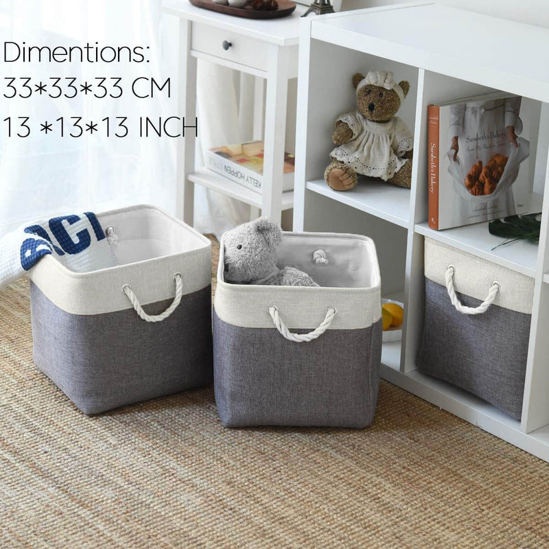 Fabric Storage Basket, Canvas Cube Storage Boxes 13 x 13 inch for Cupboards, Shelves, Closet, Grey White（33x33x33cm, 3 Pack） - Mangata
