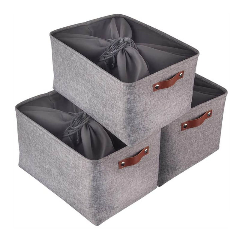 Foldable Mangata Leather Handle Storage Baskets Set, Grey