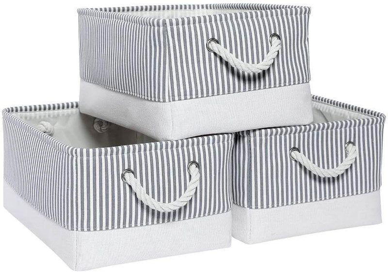 Large Grey Stripe Fabric Collapsible Baskets with Rope Handles, 3 Pack - Mangata