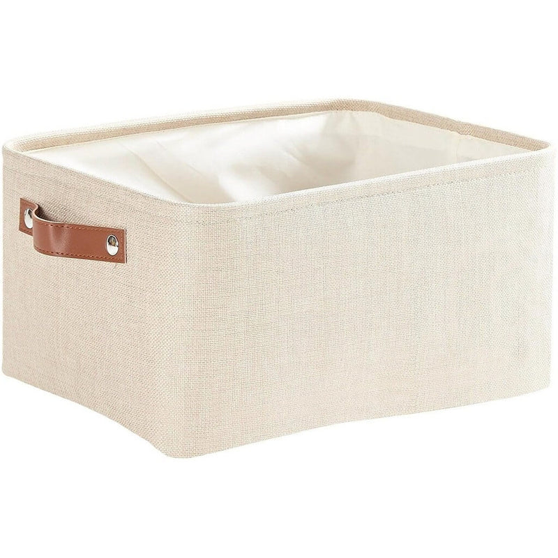 Collapsible Beige Storage Box with Leather Handle