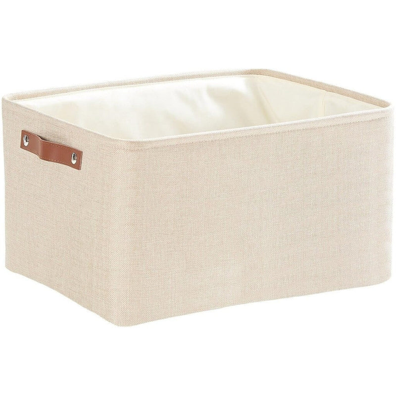 Collapsible Beige Storage Box with Leather Handle