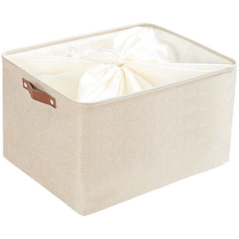 Collapsible Beige Storage Box with Leather Handle