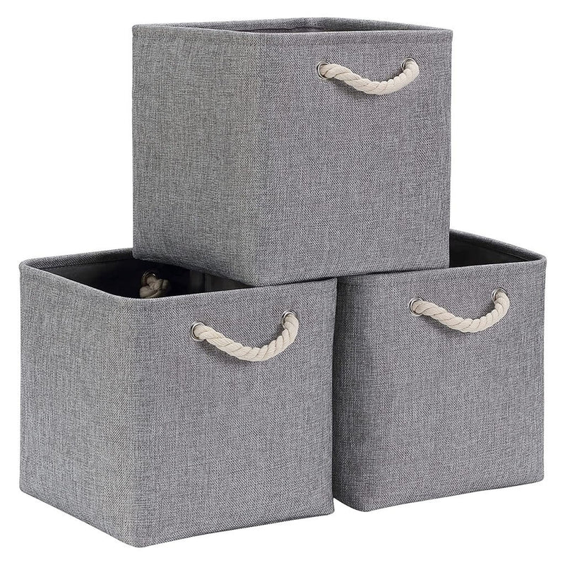 33cm Fabric Cube Box Storage Basket Grey with Soft Rope Handle