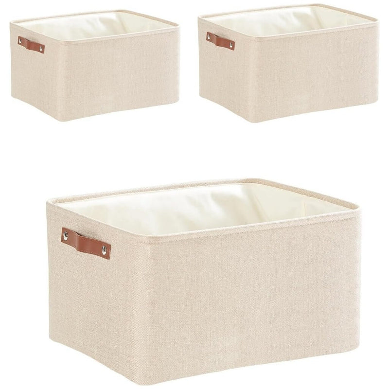 Collapsible Beige Storage Box with Leather Handle