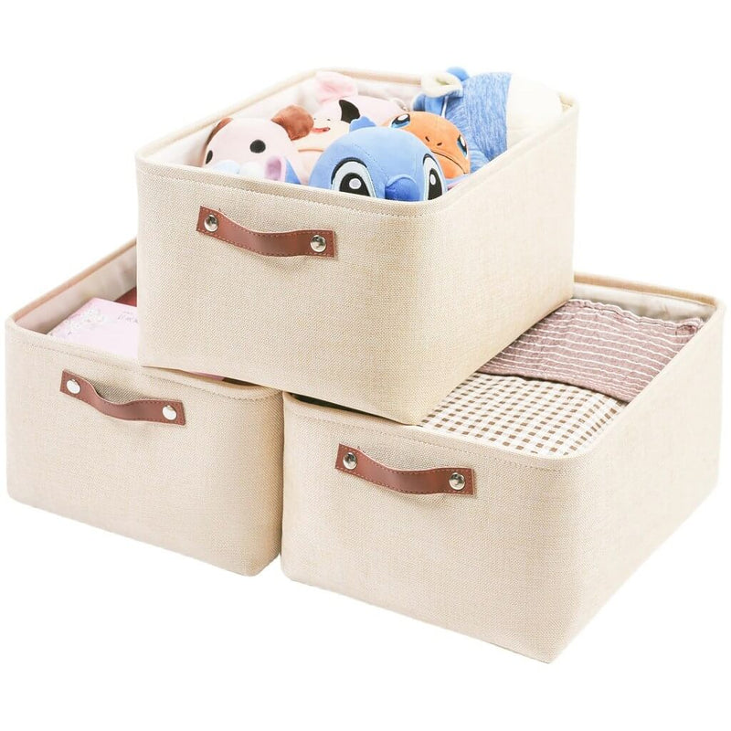 Collapsible Beige Storage Box with Leather Handle