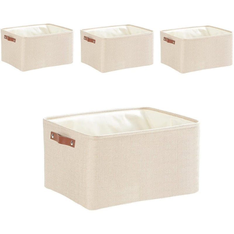 Collapsible Beige Storage Box with Leather Handle