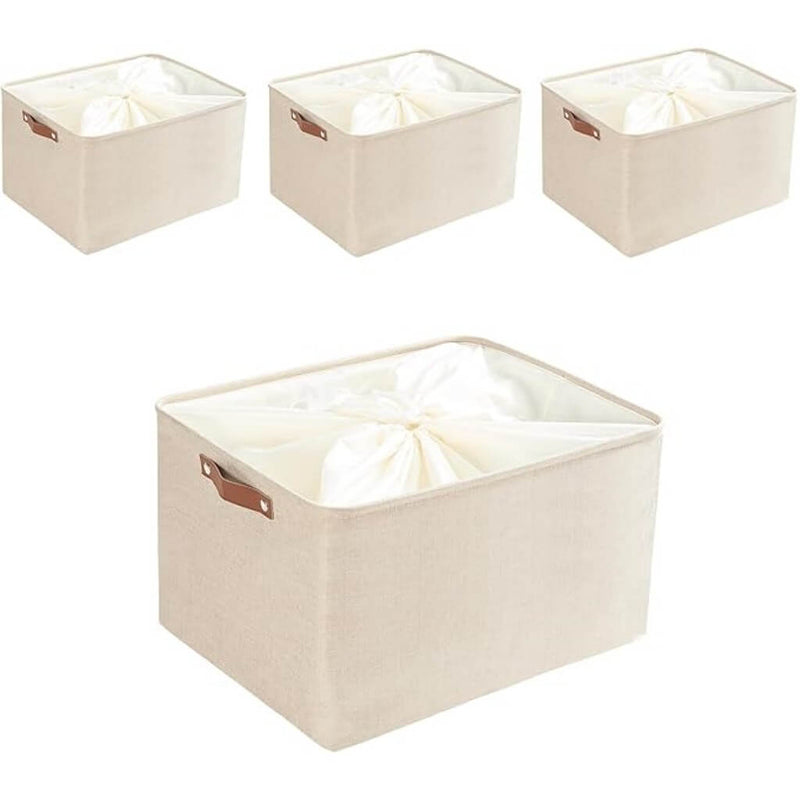 Collapsible Beige Storage Box with Leather Handle