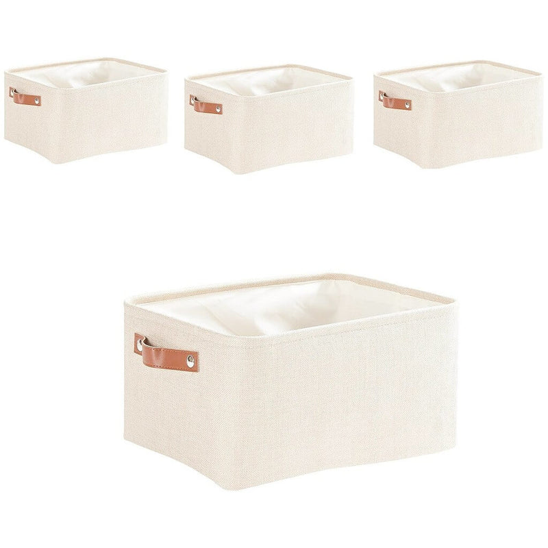 Collapsible Beige Storage Box with Leather Handle