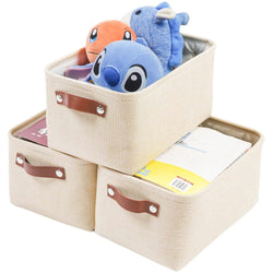 Collapsible Beige Storage Box with Leather Handle