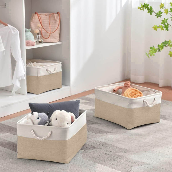 White Khaki Storage Baskets With Rope Handles For Wardrobe