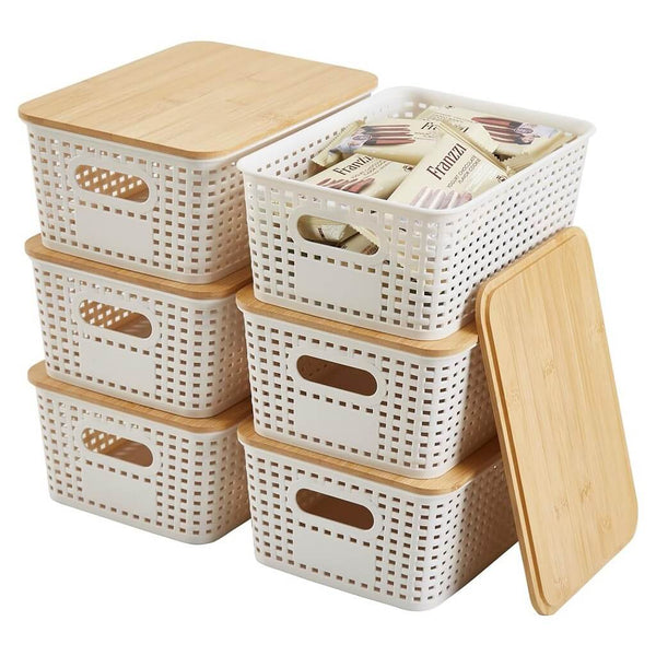 Stackable Storage Baskets with Bamboo Lids, Set of 6 – White Plastic Storage Boxes with Handles & Label Window (25.5 × 18.5 × 10.5 cm)