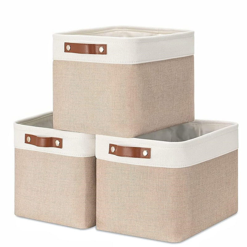 Set of 3 White Khaki Storage Boxes With Leather Handles For Cupboards