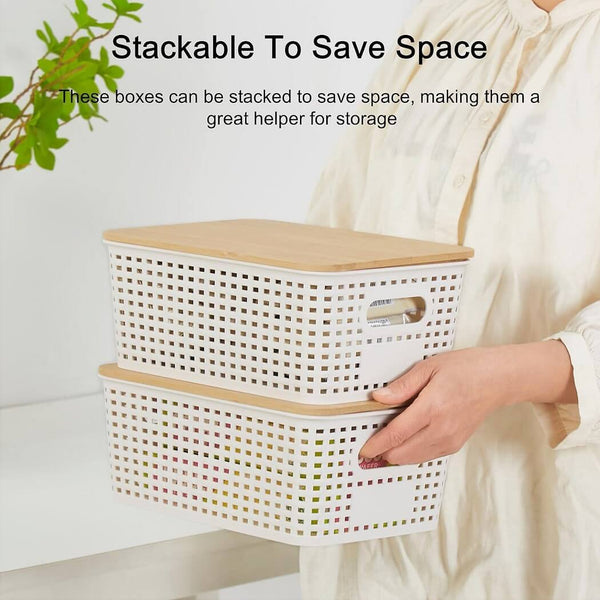 Stackable Storage Baskets with Bamboo Lids, Set of 6 – White Plastic Storage Boxes with Handles & Label Window (25.5 × 18.5 × 10.5 cm)