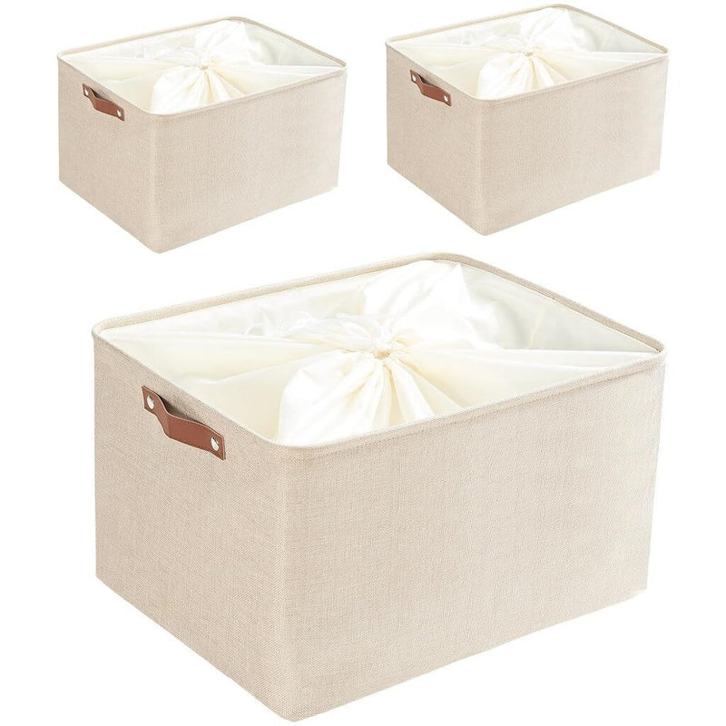 Collapsible Beige Storage Box with Leather Handle