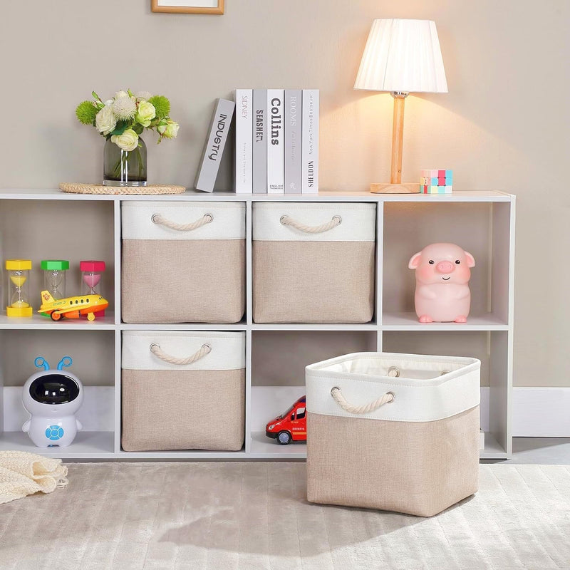 White Light Khaki Storage Cube Boxes with Rope Handles