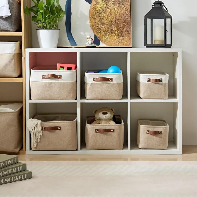 Collapsible Beige Storage Box with Leather Handle