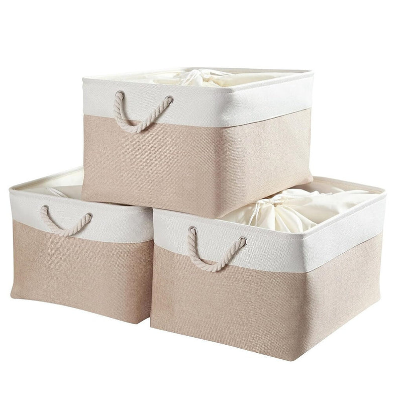 White Khaki Storage Baskets With Rope Handles For Wardrobe