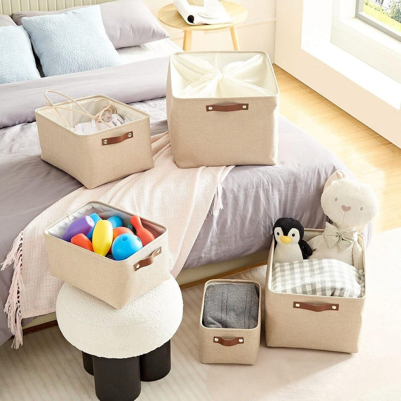 Collapsible Beige Storage Box with Leather Handle