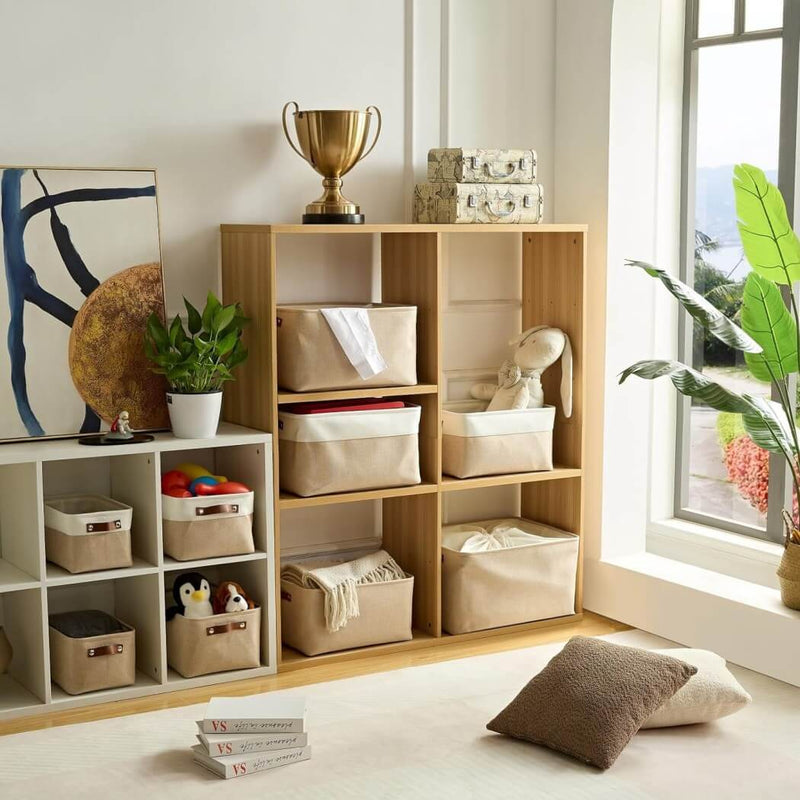 Collapsible Beige Storage Box with Leather Handle