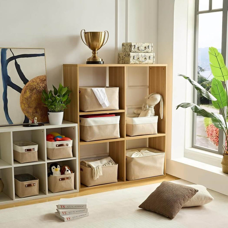 Collapsible Beige Storage Box with Leather Handle