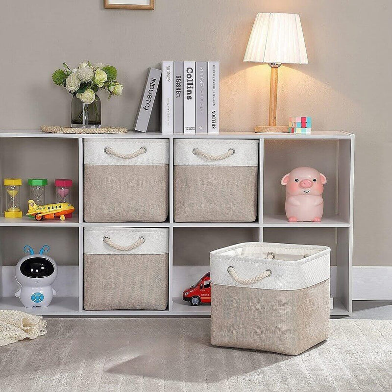 White Light Khaki Storage Cube Boxes with Rope Handles