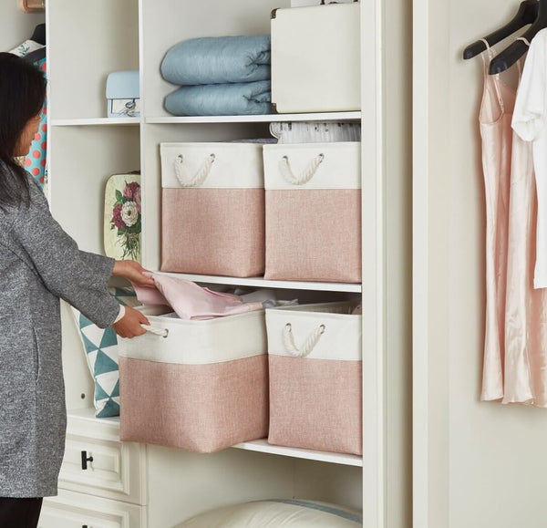 White Pink Fabric Storage Cube Boxes with Rope Handles – Mangata