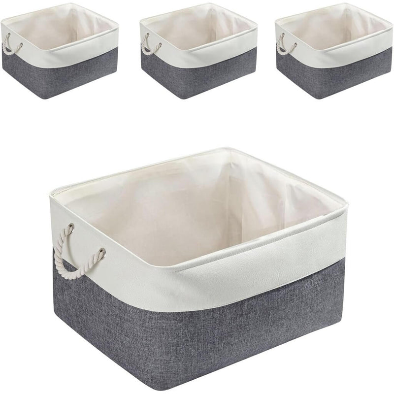 Foldable Canvas Storage Baskets with Handles, Set of 3/4 | Fabric Organizers for Home, Wardrobe, Nursery, Cold Grey and White