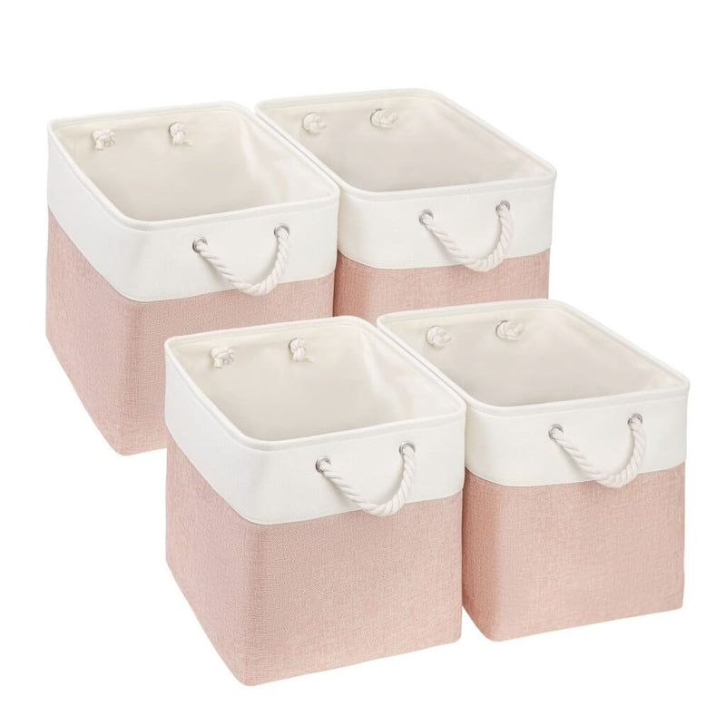 White Pink Fabric Storage Cube Boxes with Rope Handles