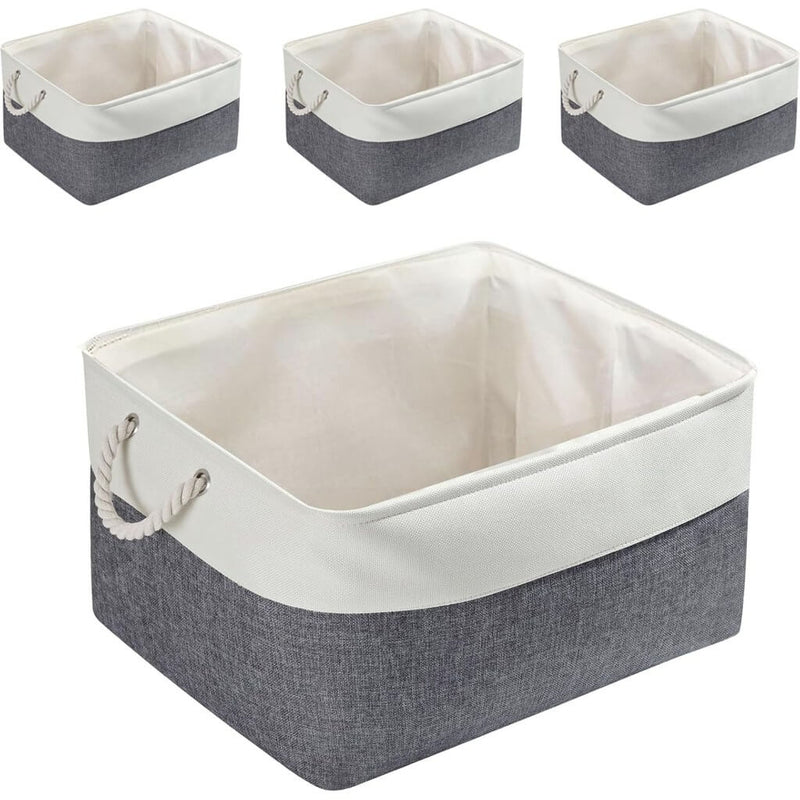 Foldable Canvas Storage Baskets with Handles, Set of 3/4 | Fabric Organizers for Home, Wardrobe, Nursery, Cold Grey and White