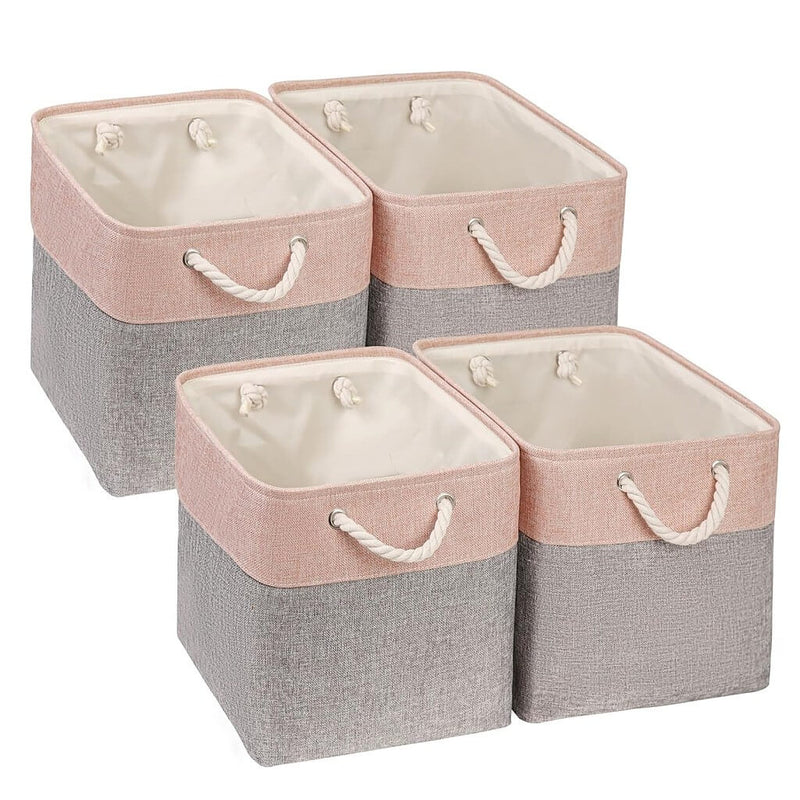 Foldable Fabric Cube Storage Boxes with Rope Handles- Grey Pink