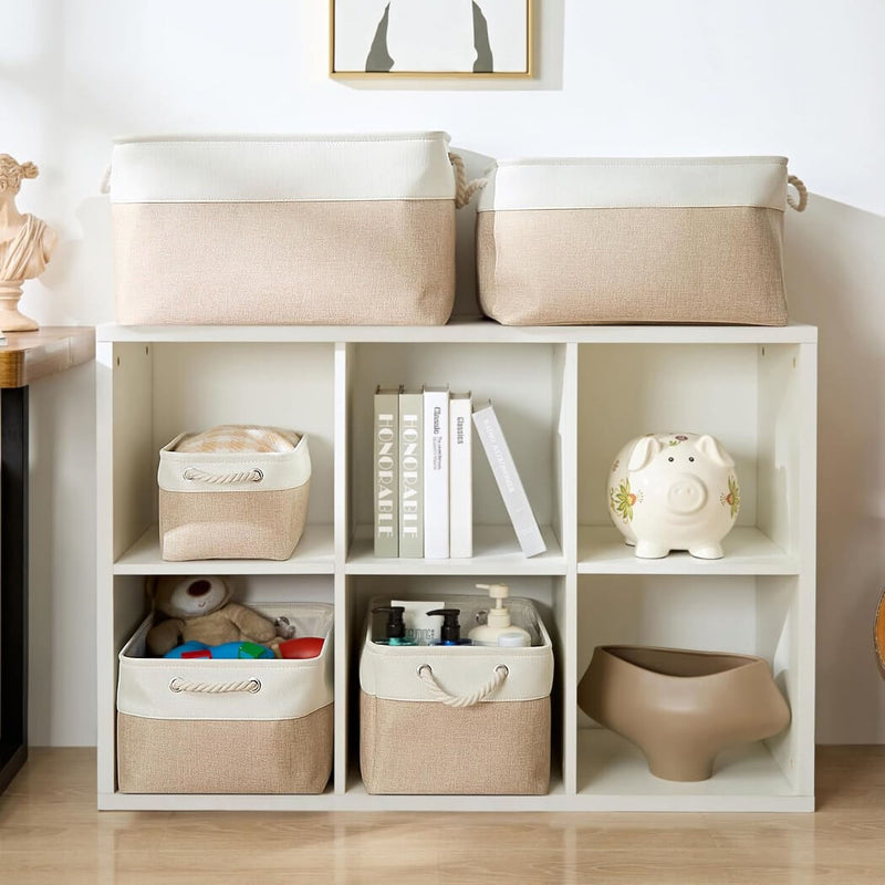 White Khaki Storage Baskets With Rope Handles For Wardrobe