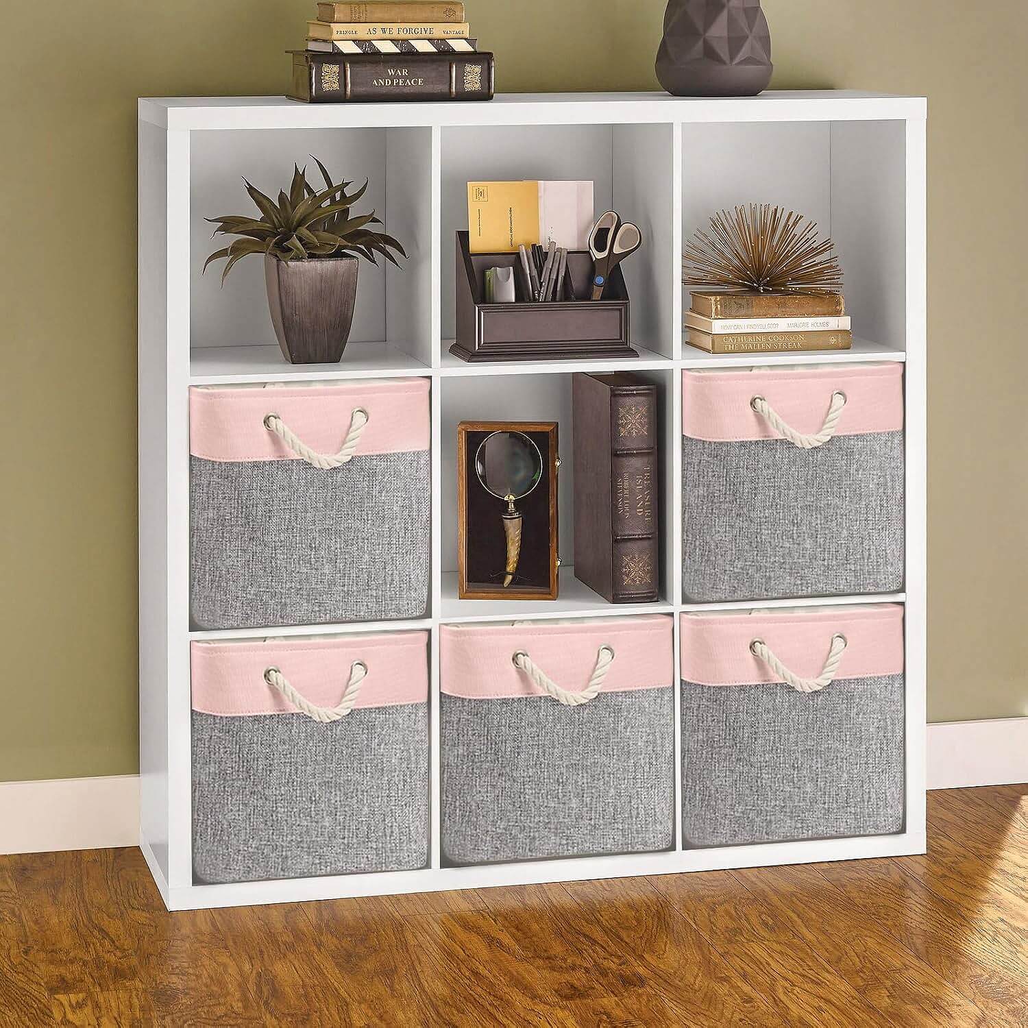 Foldable Fabric Cube Storage Boxes with Rope Handles- Grey Pink – Mangata