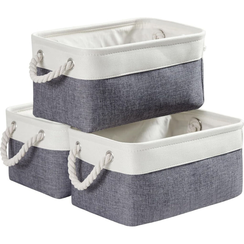 Foldable Canvas Storage Baskets with Handles, Set of 3/4 | Fabric Organizers for Home, Wardrobe, Nursery, Cold Grey and White