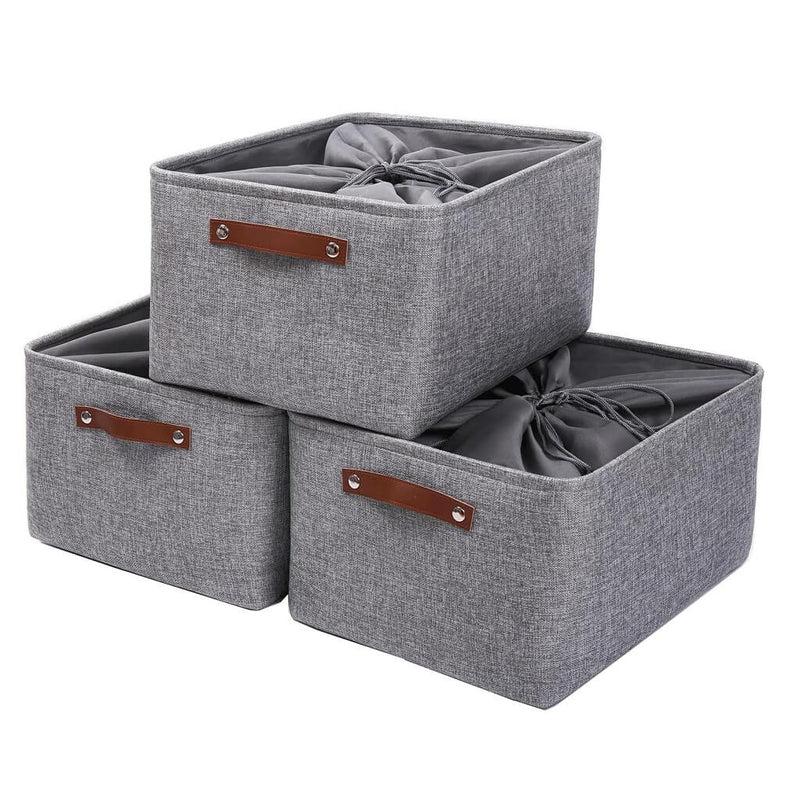 Grey Storage Basket with Leather Handle