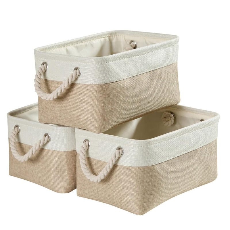 White Khaki Storage Baskets With Rope Handles For Wardrobe