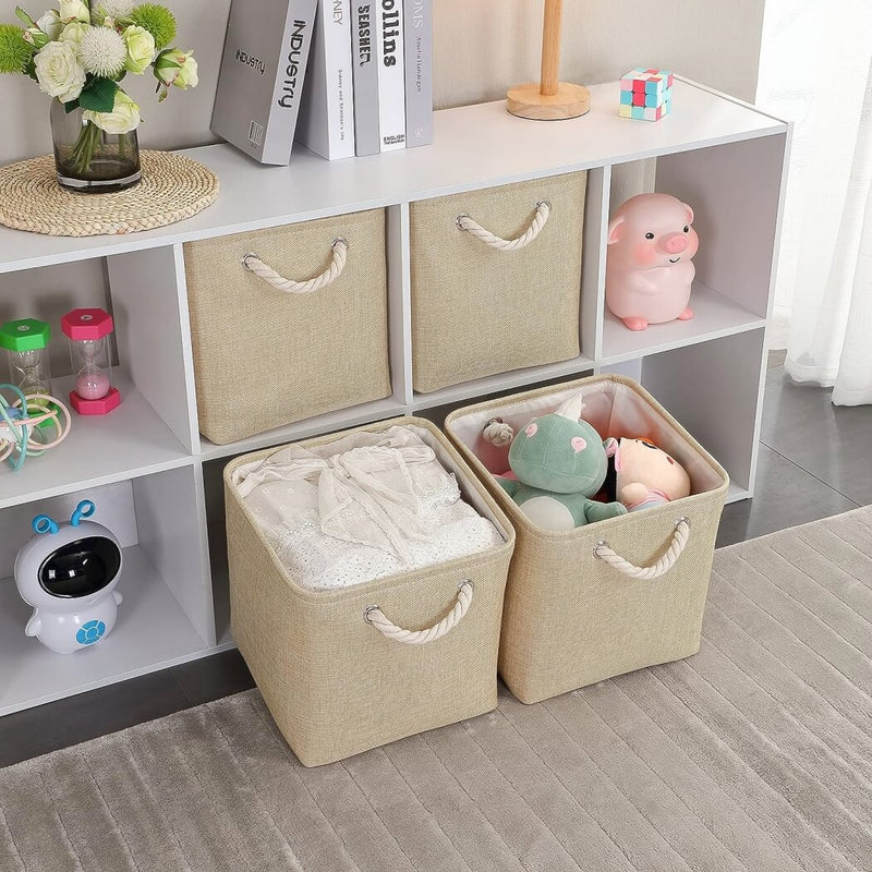 33cm Beige Canvas Cube Storage Box with Rope Handles