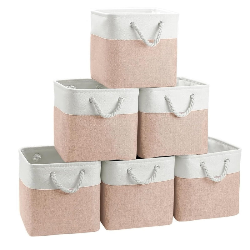 White Pink Fabric Storage Cube Boxes with Rope Handles