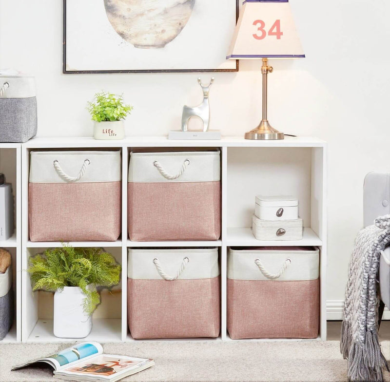 White Pink Fabric Storage Cube Boxes with Rope Handles