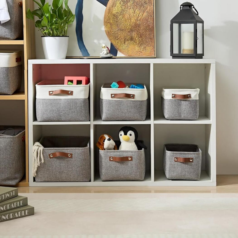 Grey Storage Basket with Leather Handle