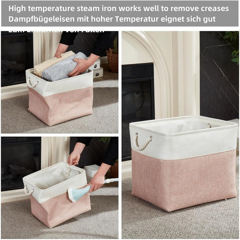 White Pink Fabric Storage Cube Boxes with Rope Handles
