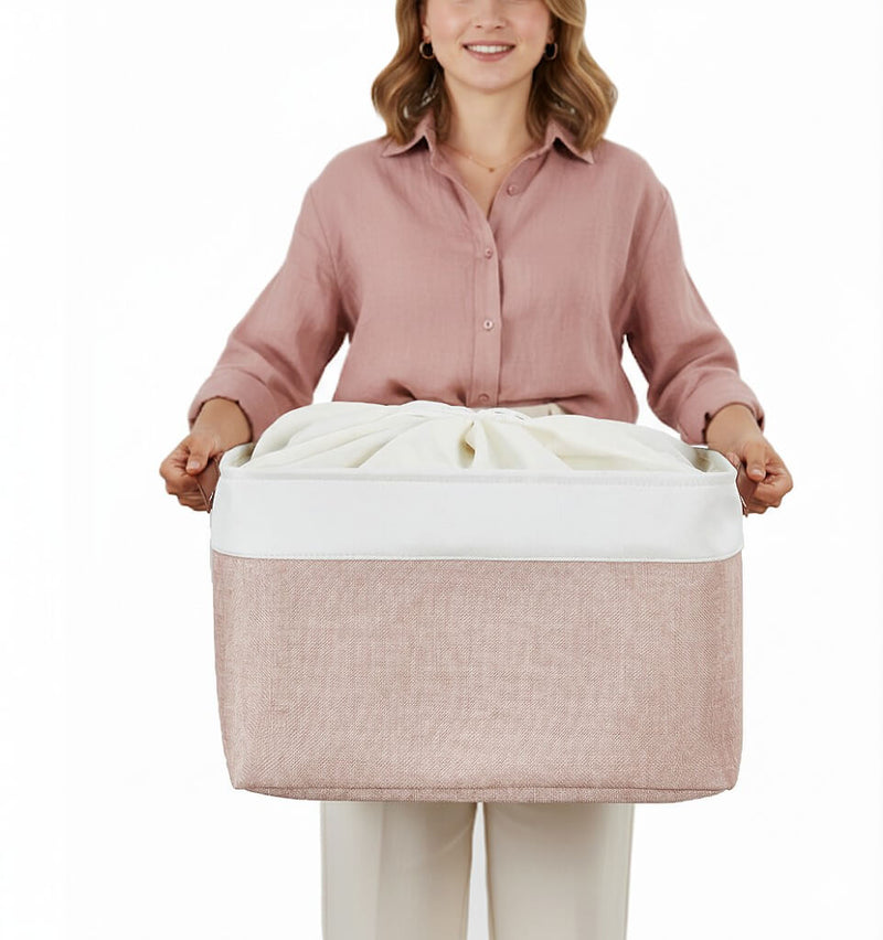 Pink White Rectangular Fabric Storage Boxes for Wardrobe, Shelves & Cupboards