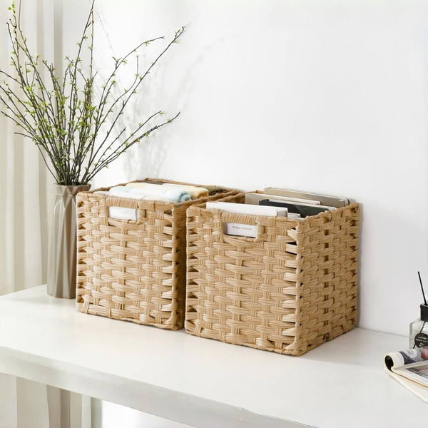 Light Beige Faux-Rattan Cube Storage Baskets 28×28×28 cm – Fits 30 cm Cube Shelves
