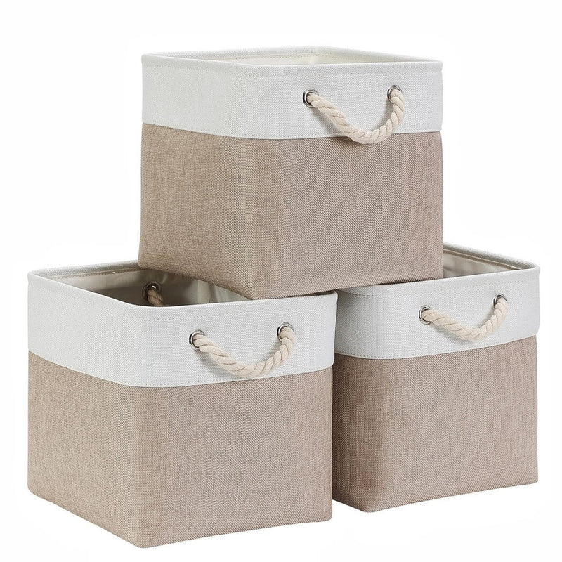 White Light Khaki Storage Cube Boxes with Rope Handles