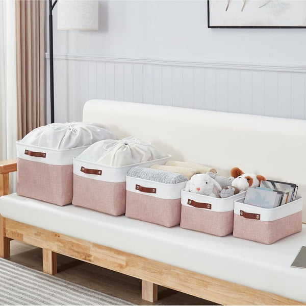 Pink White Rectangular Fabric Storage Boxes for Wardrobe, Shelves & Cupboards
