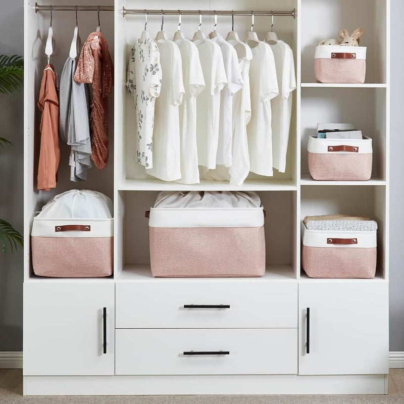 Pink White Rectangular Fabric Storage Boxes for Wardrobe, Shelves & Cupboards