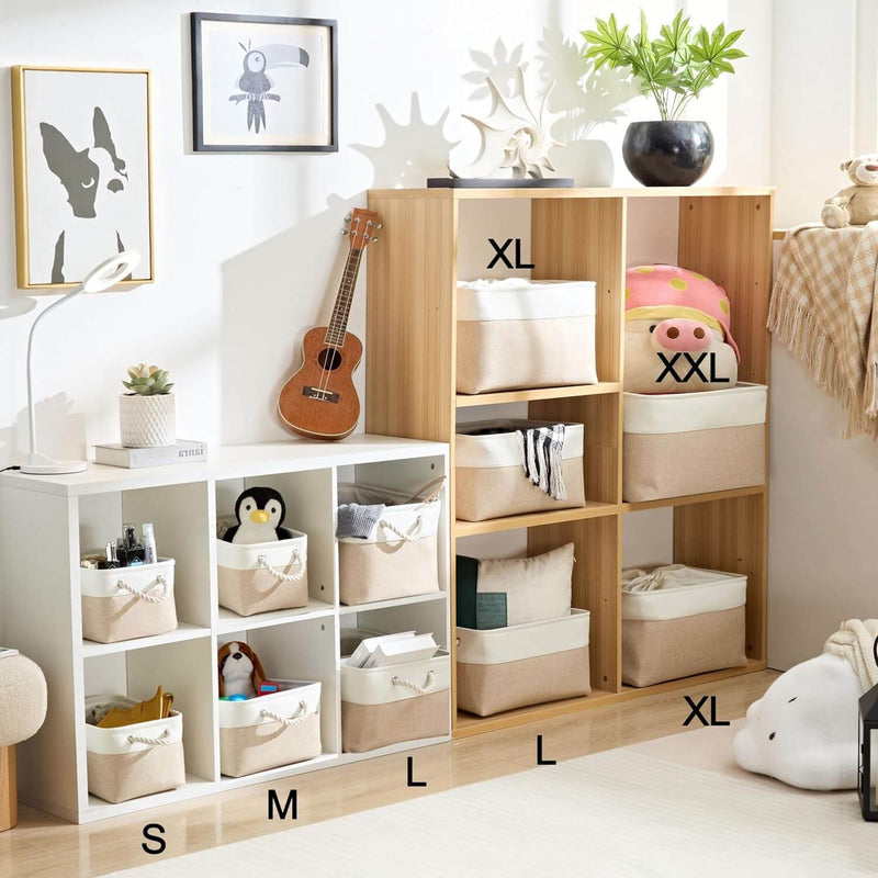 White Khaki Storage Baskets With Rope Handles For Wardrobe