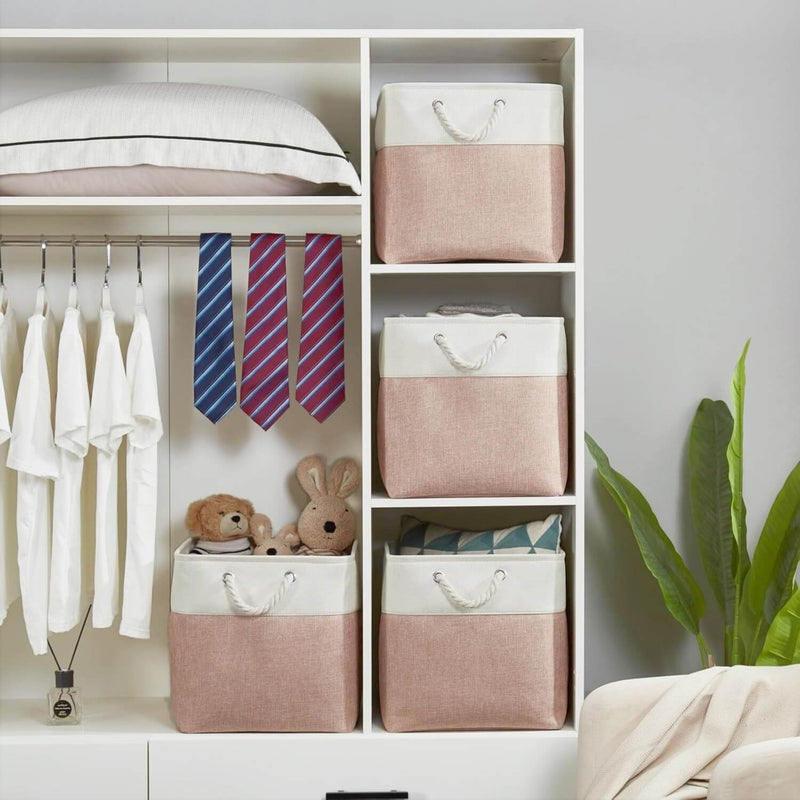 White Pink Fabric Storage Cube Boxes with Rope Handles