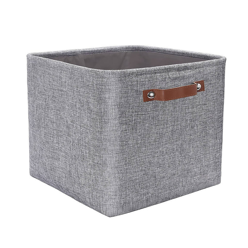 30cm Grey Fabric Storage Cube Boxes with Leather Handle For Cupboards - Mangata